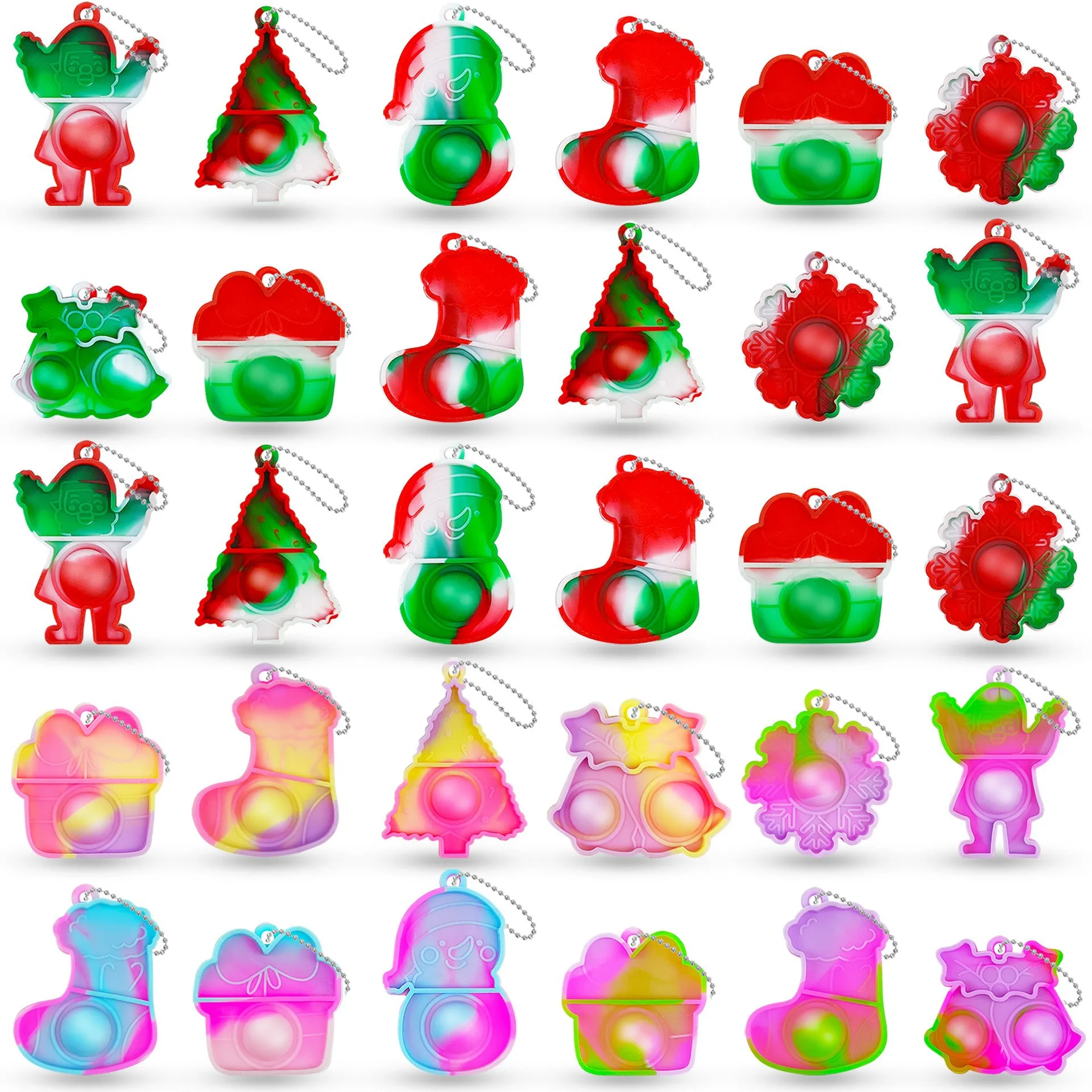 10/30/50PCS Christmas Mini Keychain Fidget Toys Santa Claus Push Bubbles Sensory Toys Merry Christmas Gifts for Kids Adult