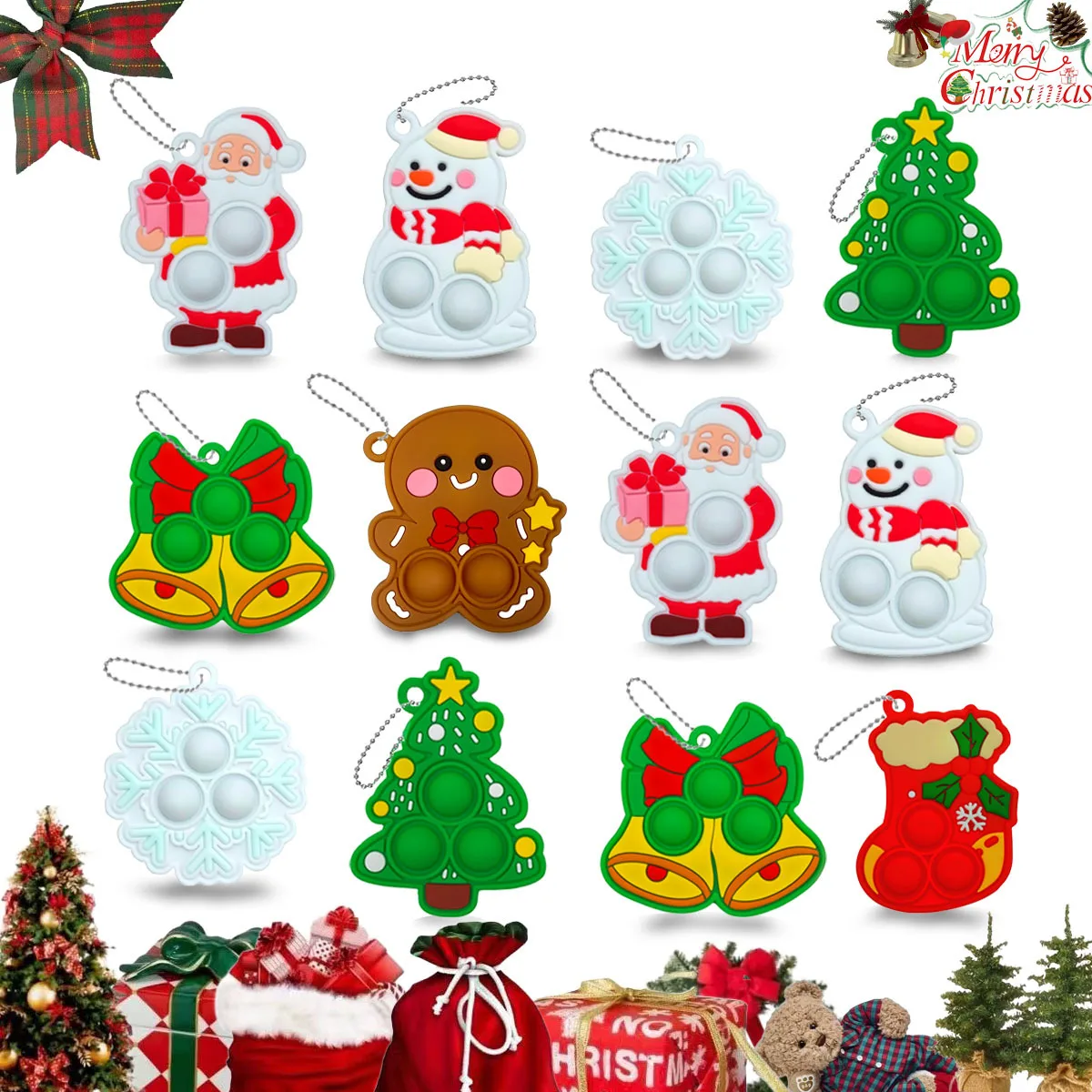 5-30PCS Christmas Push Bubble Keychain Fidget Toys Christmas Bell, Snowman, Santa Sensory Toys Fidget Keychain Christmas Gifts